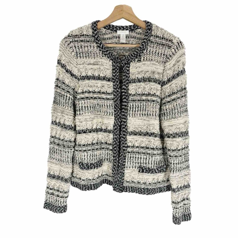 Chicos Knit Cardigan Sweater Black White Sz 2